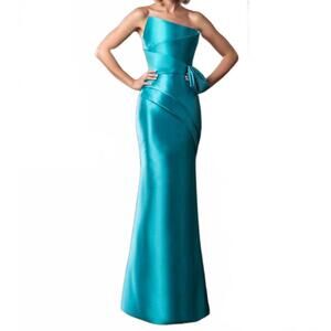 NEW DAYMOR fitted long pleated peplum formal dress in turquoise